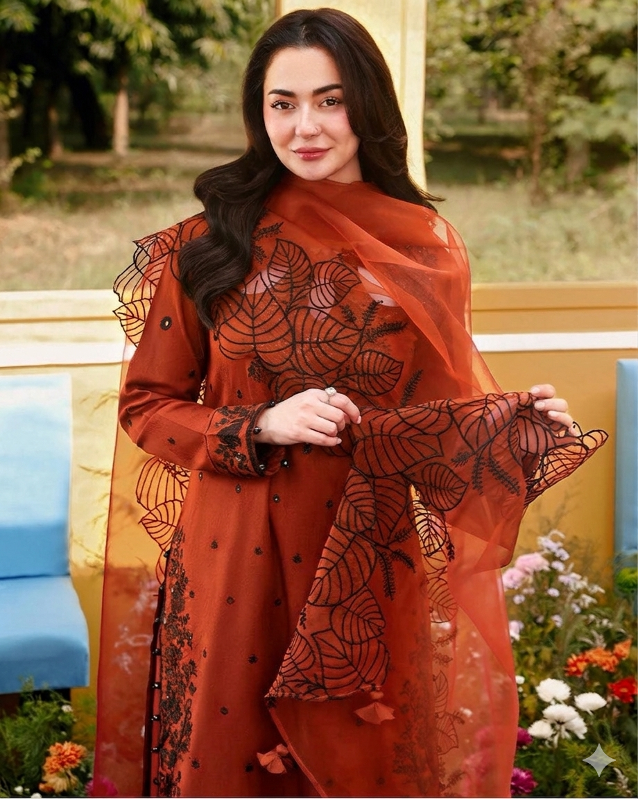 Rust Satin Kurta Set with Organza Dupatta, view 3