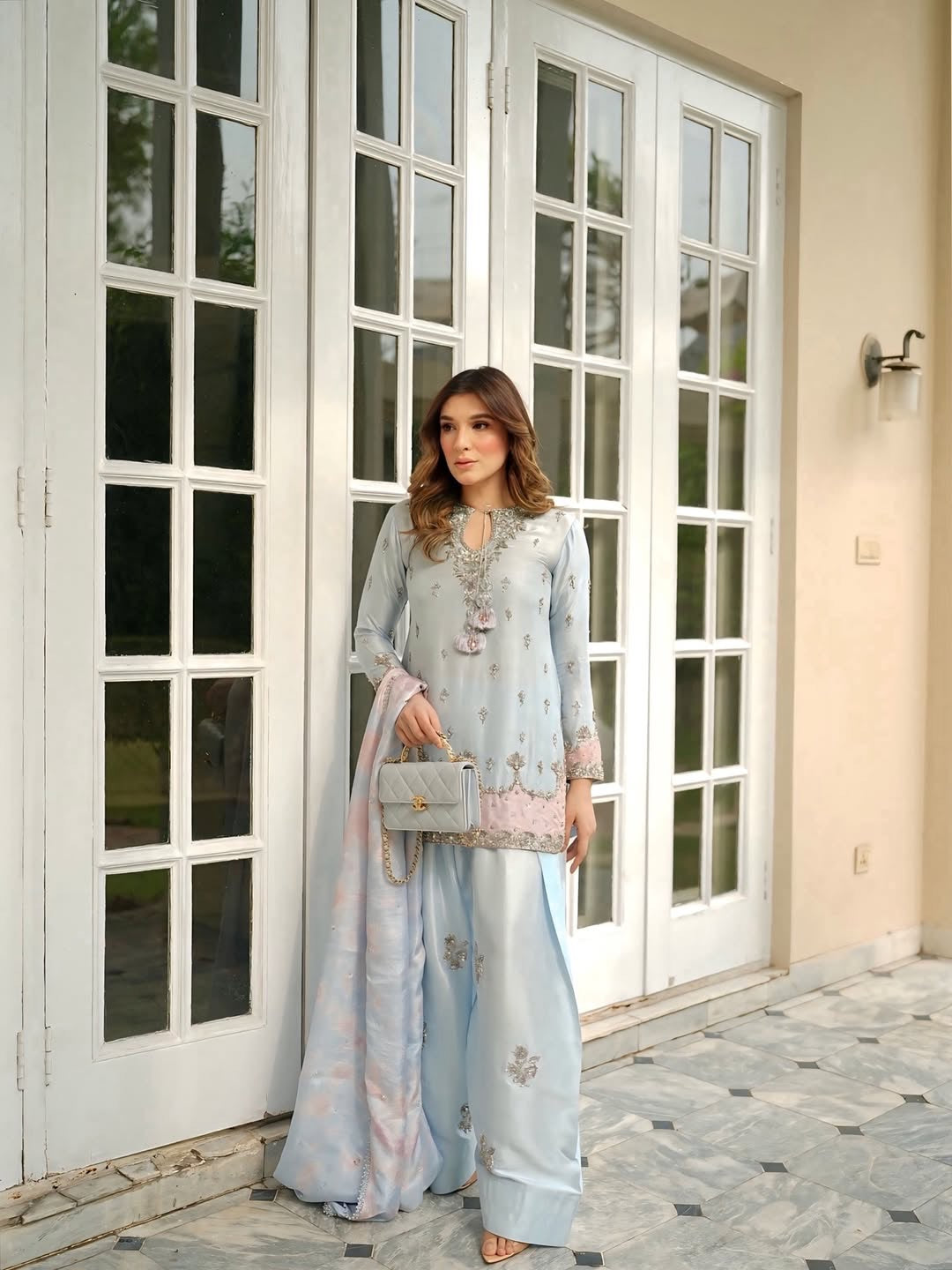 Powder Blue Japan Satin Farshi Palazzo Set