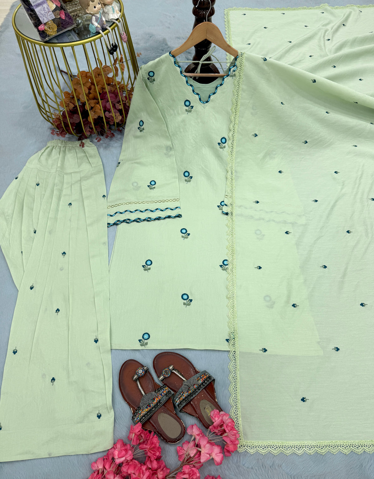 Mint Green Chanderi Farshi Palazzo Set, view 4