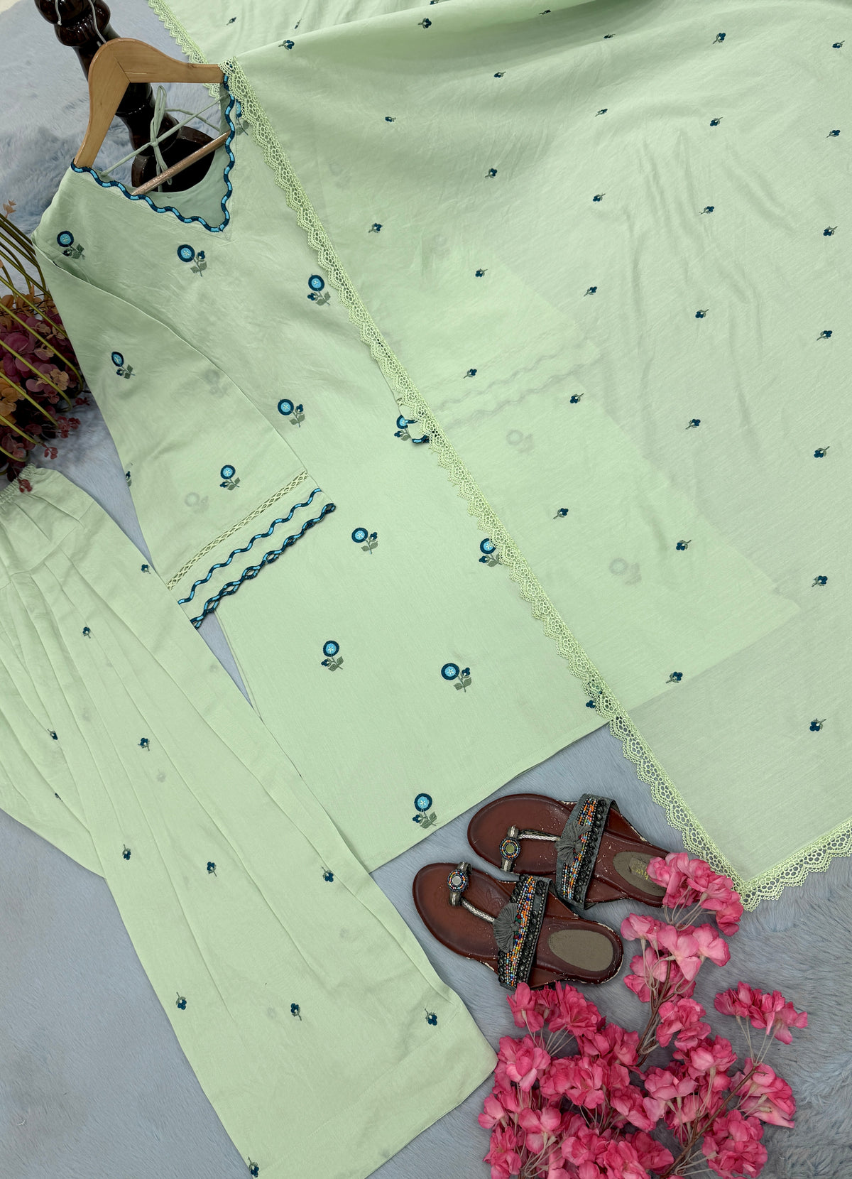 Mint Green Chanderi Farshi Palazzo Set, view 5