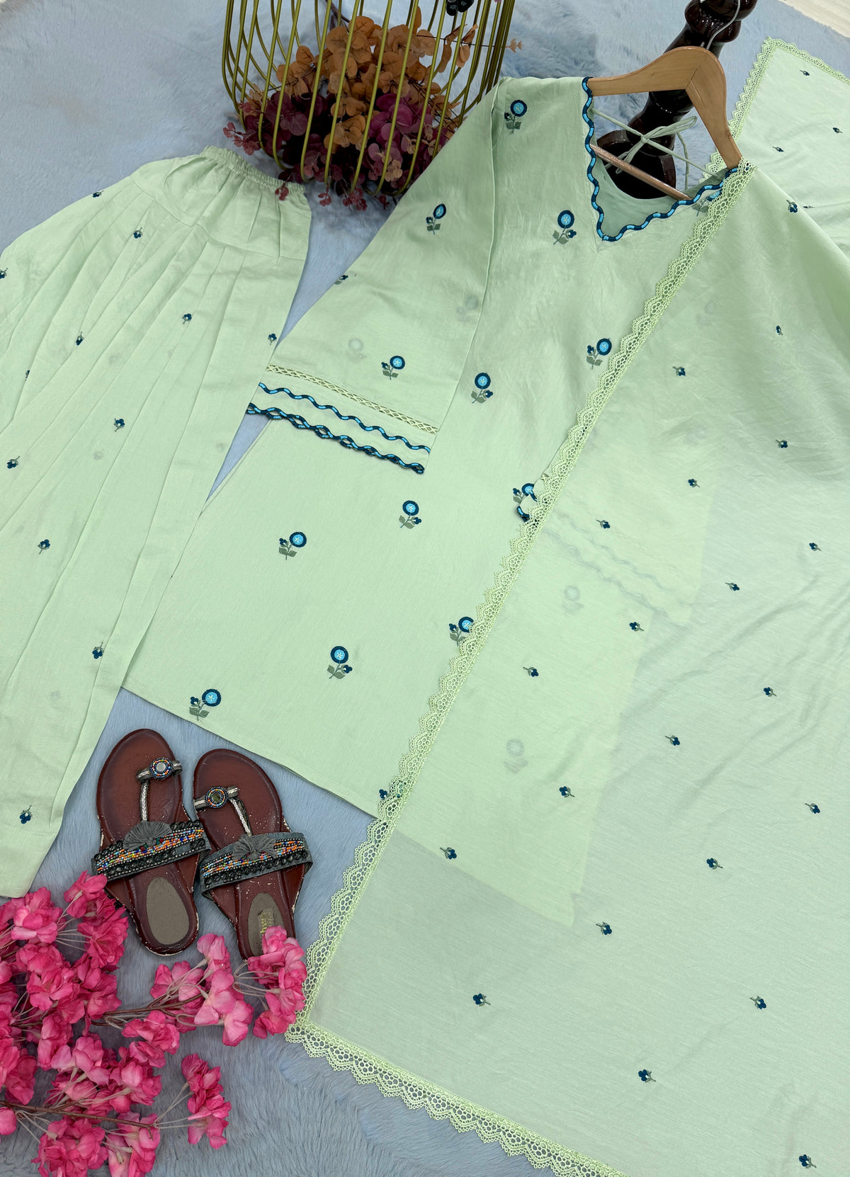 Mint Green Chanderi Farshi Palazzo Set, view 6