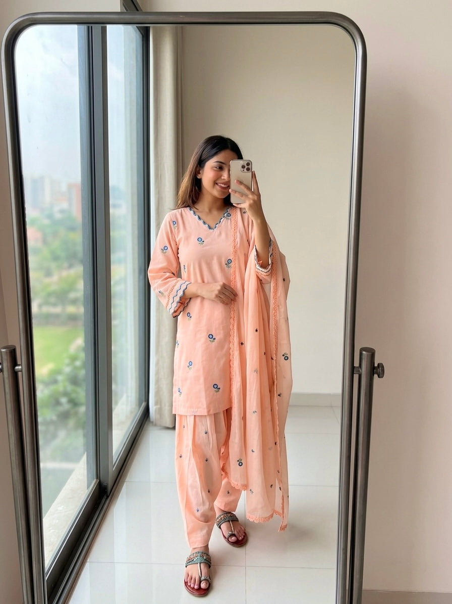 Peach Chanderi Farshi Palazzo Set, view 3