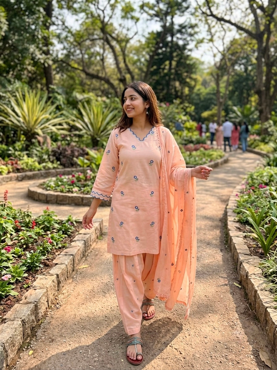 Peach Chanderi Farshi Palazzo Set, view 2