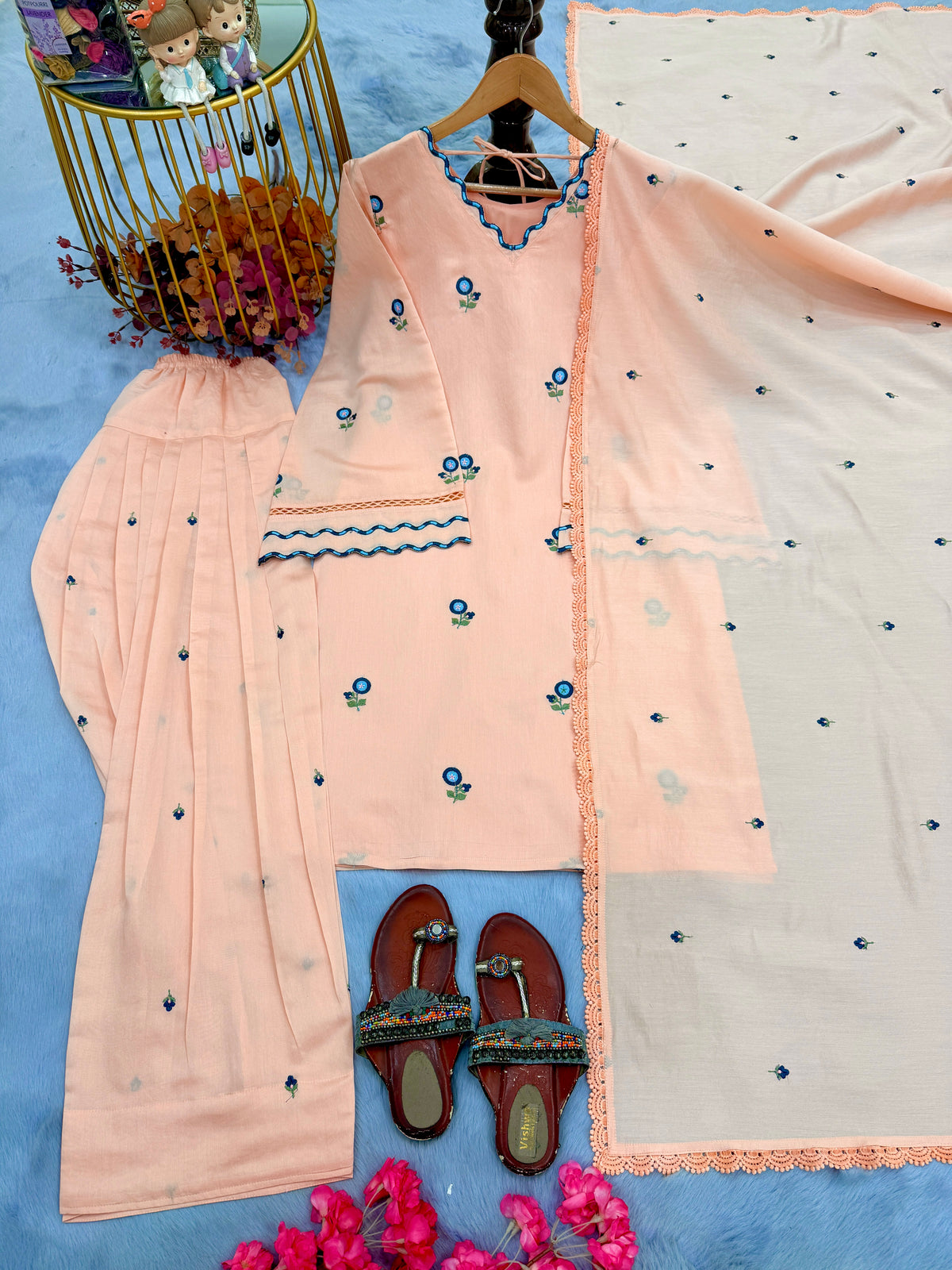 Peach Chanderi Farshi Palazzo Set, view 4