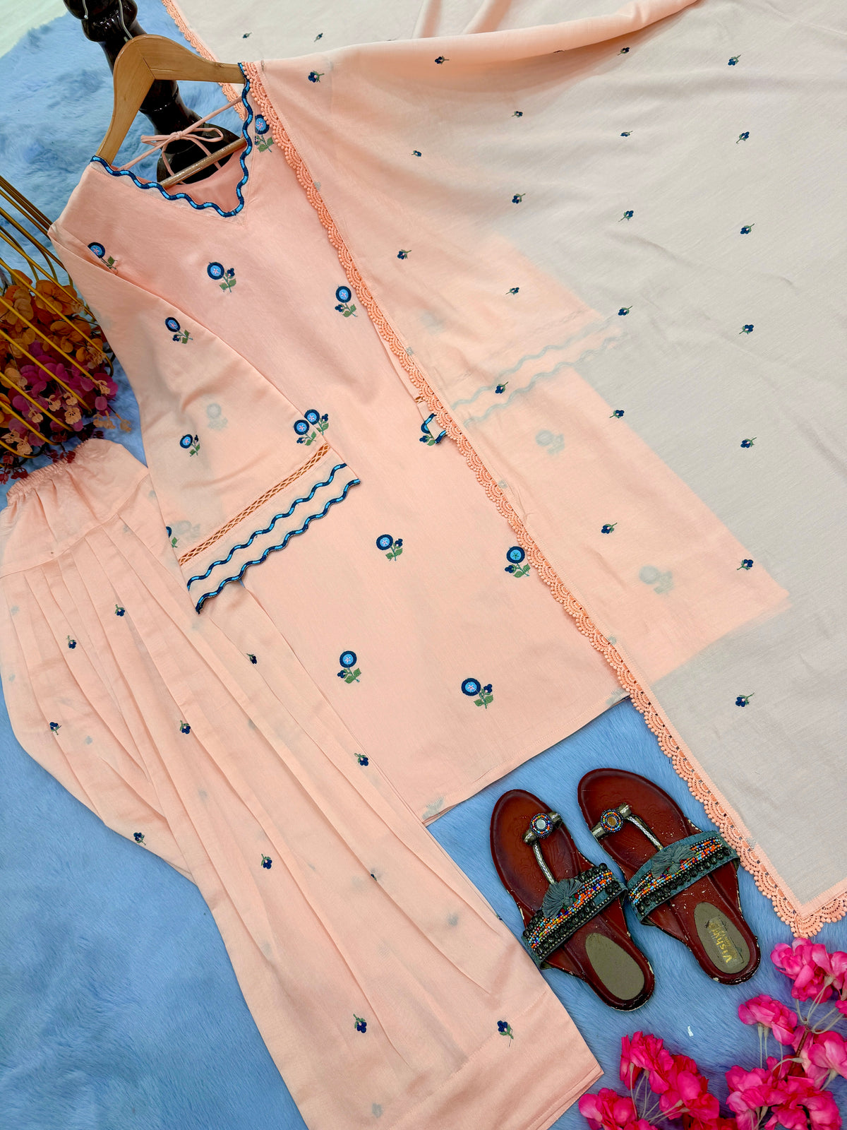 Peach Chanderi Farshi Palazzo Set, view 5