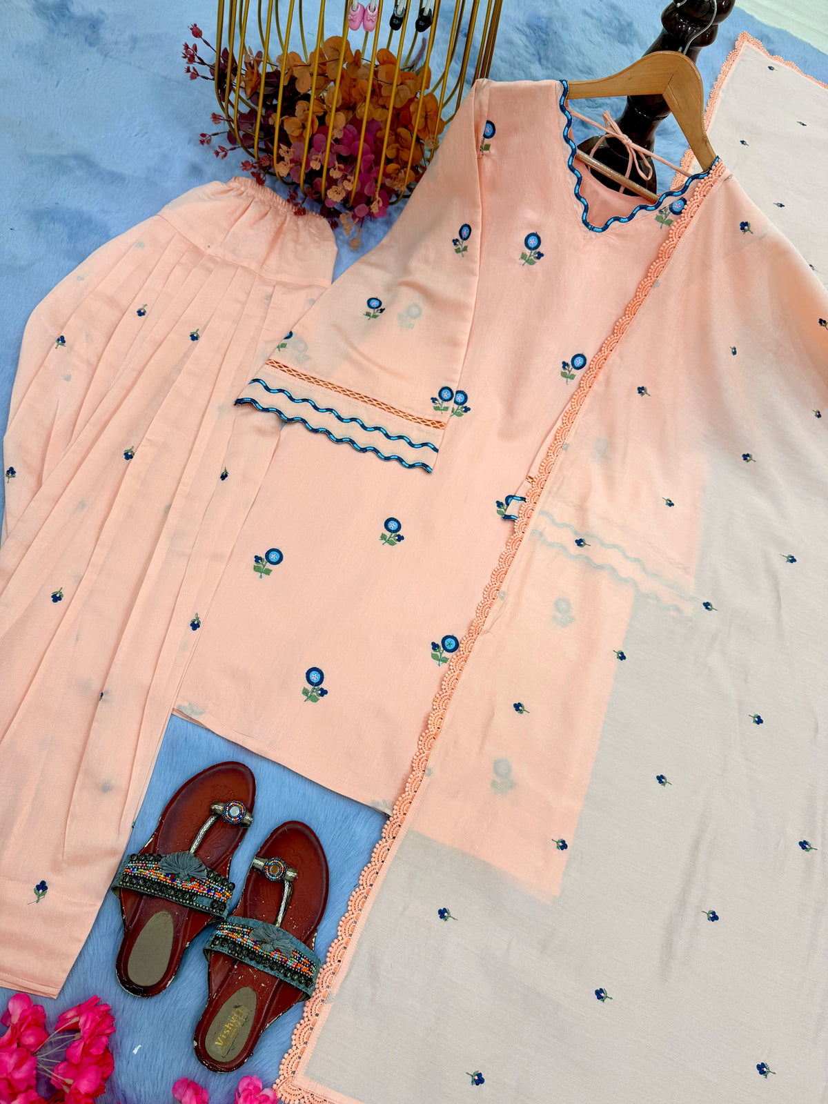 Peach Chanderi Farshi Palazzo Set, view 6