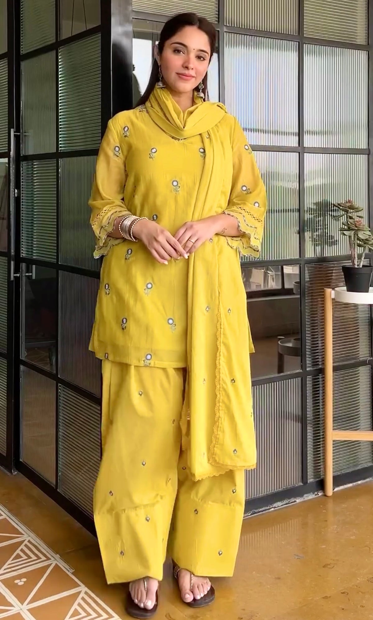 Lemon Yellow Chanderi Farshi Palazzo Set, view 3