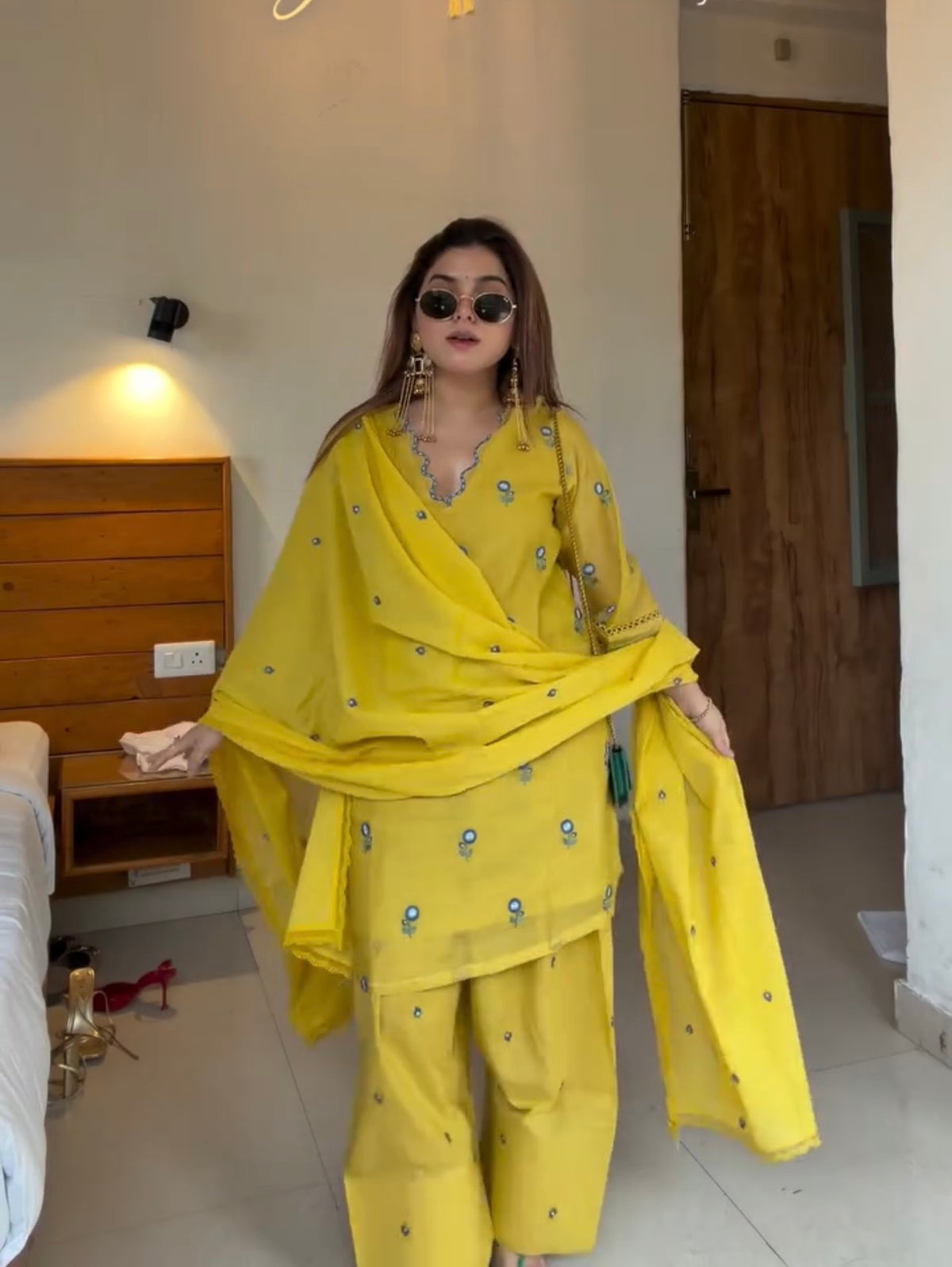 Lemon Yellow Chanderi Farshi Palazzo Set, view 2