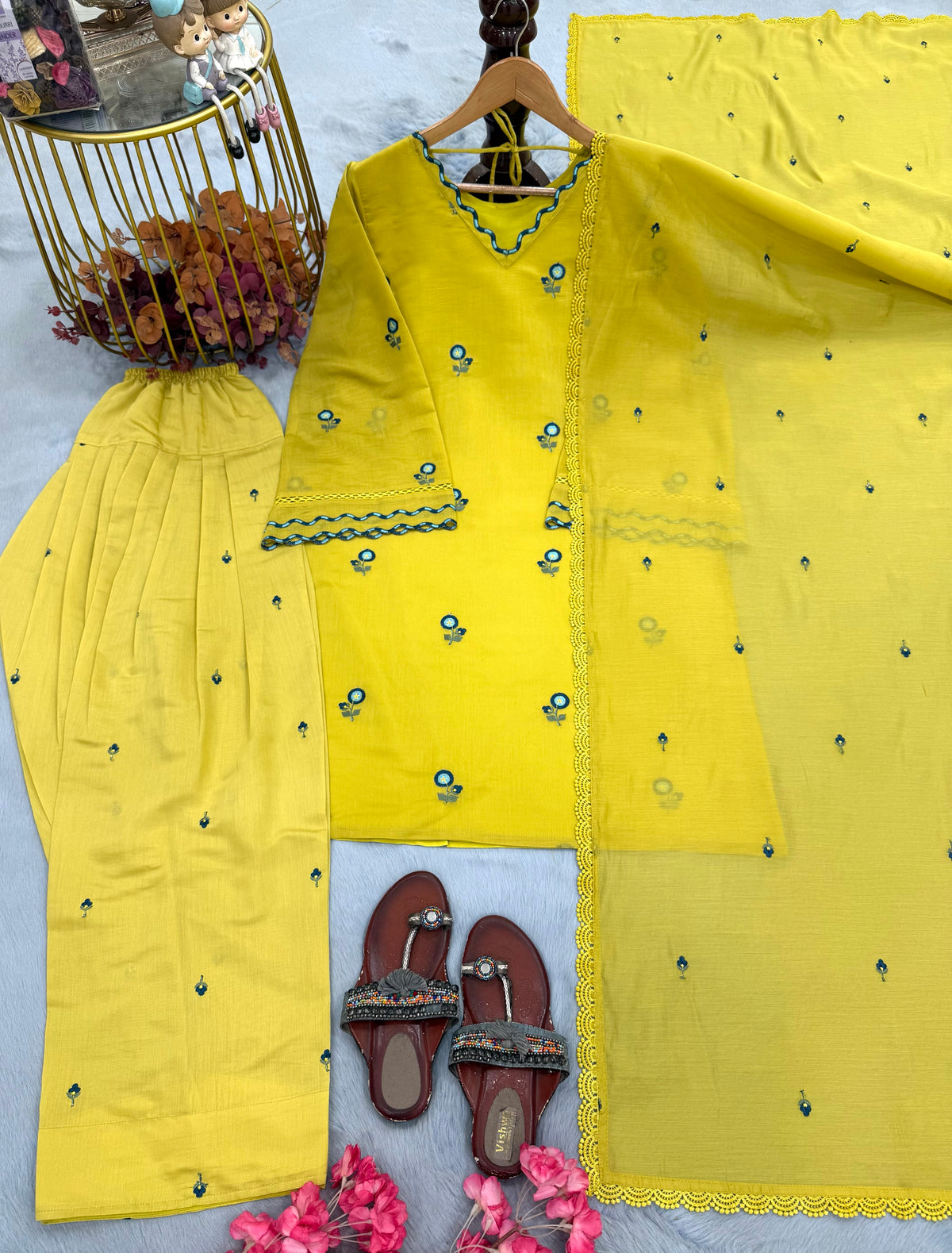 Lemon Yellow Chanderi Farshi Palazzo Set, view 4