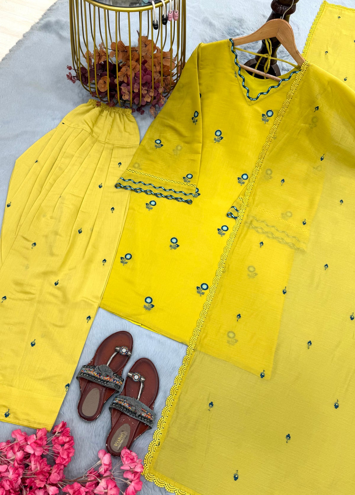 Lemon Yellow Chanderi Farshi Palazzo Set, view 6