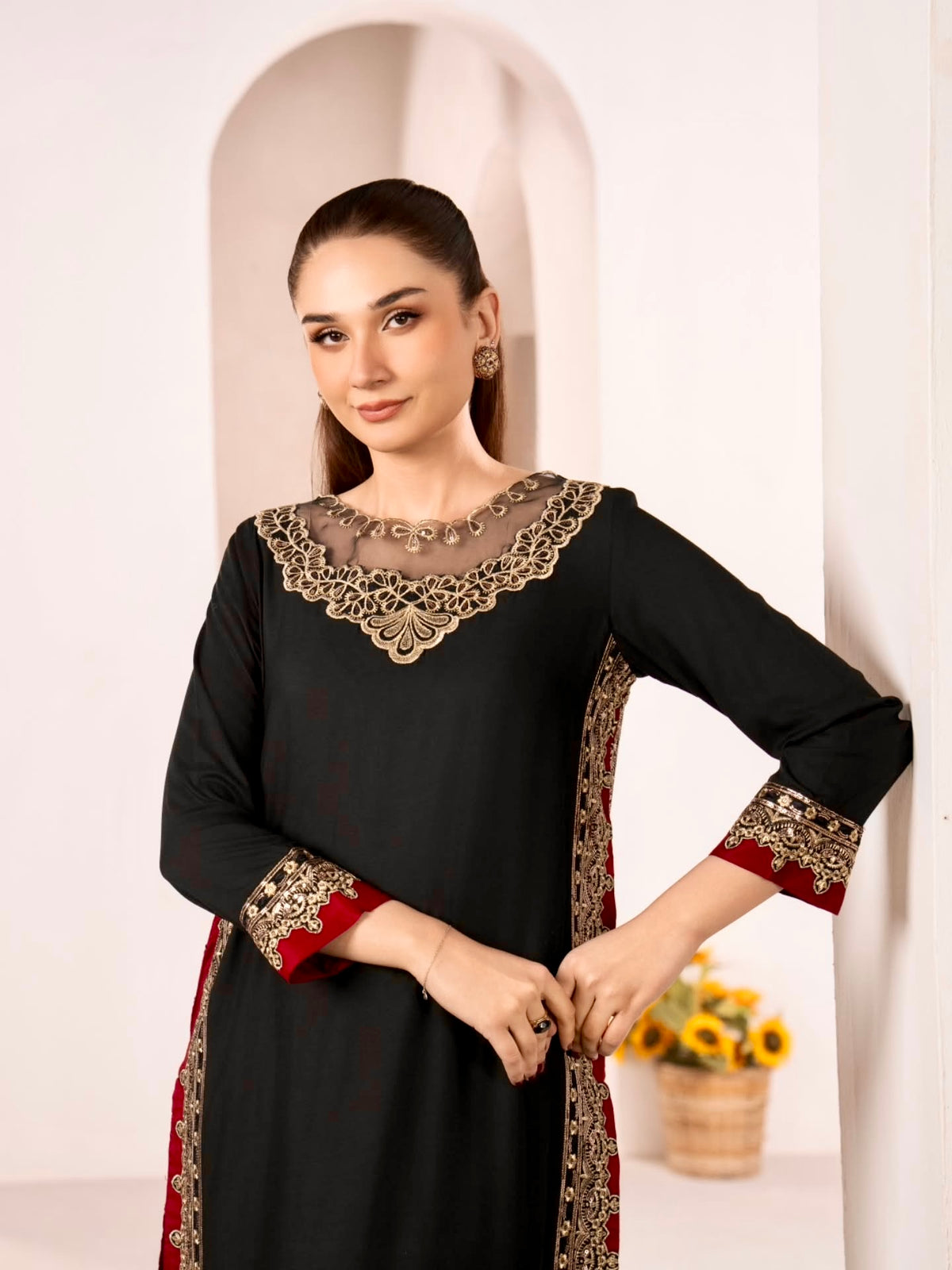 Black Chanderi Kurta Palazzo Set, view 4