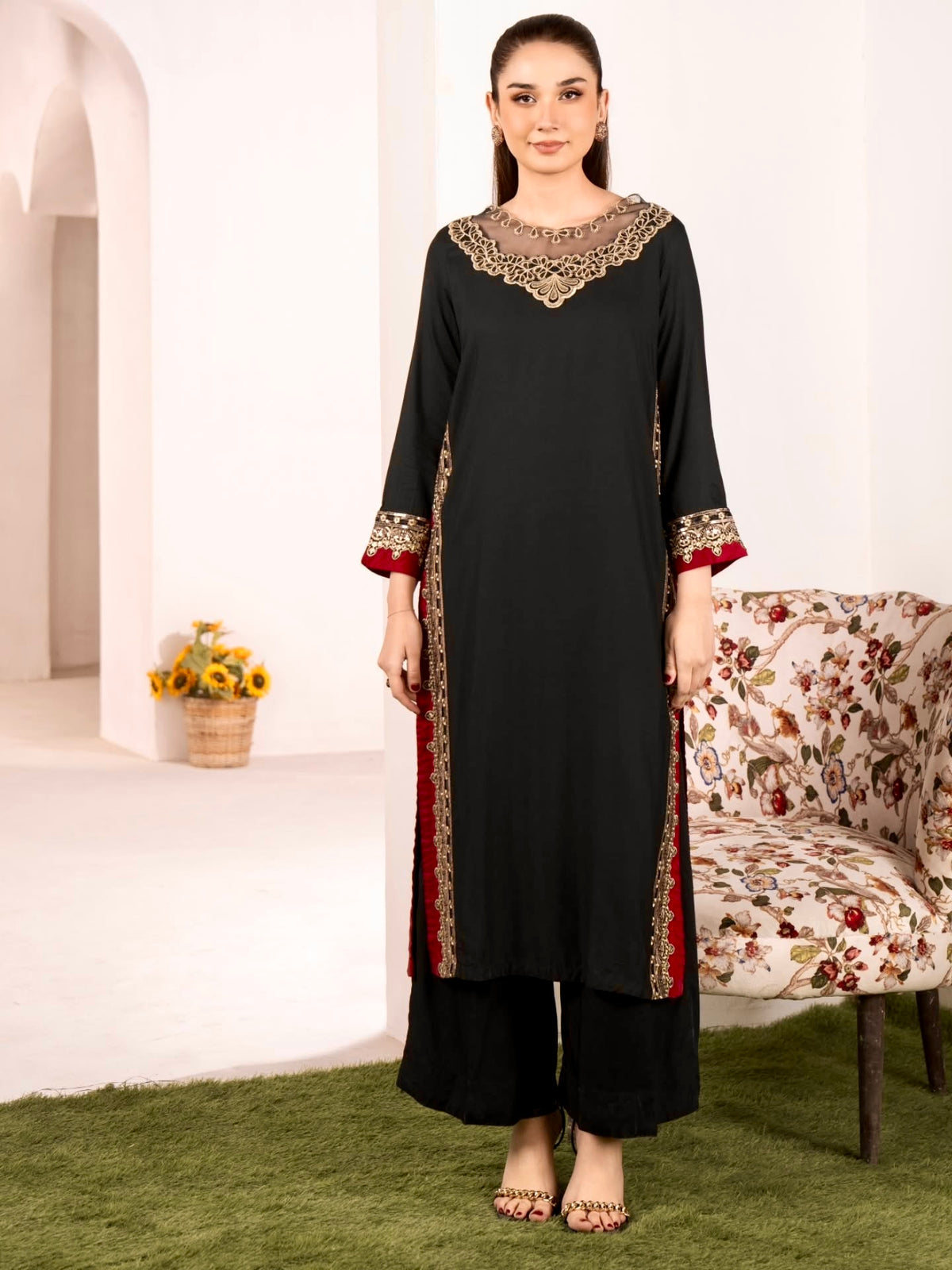 Black Chanderi Kurta Palazzo Set, view 5