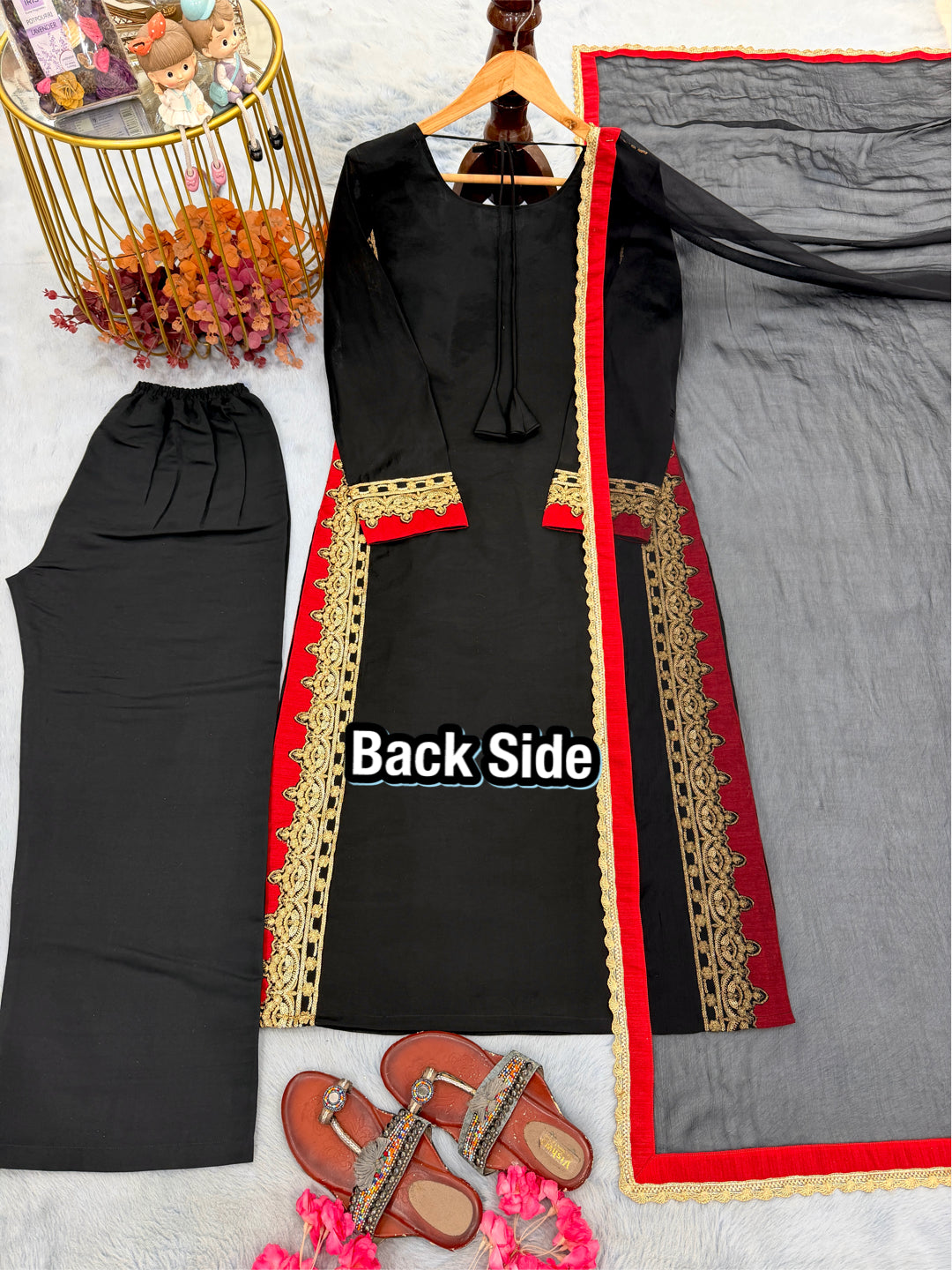 Black Chanderi Kurta Palazzo Set, view 8