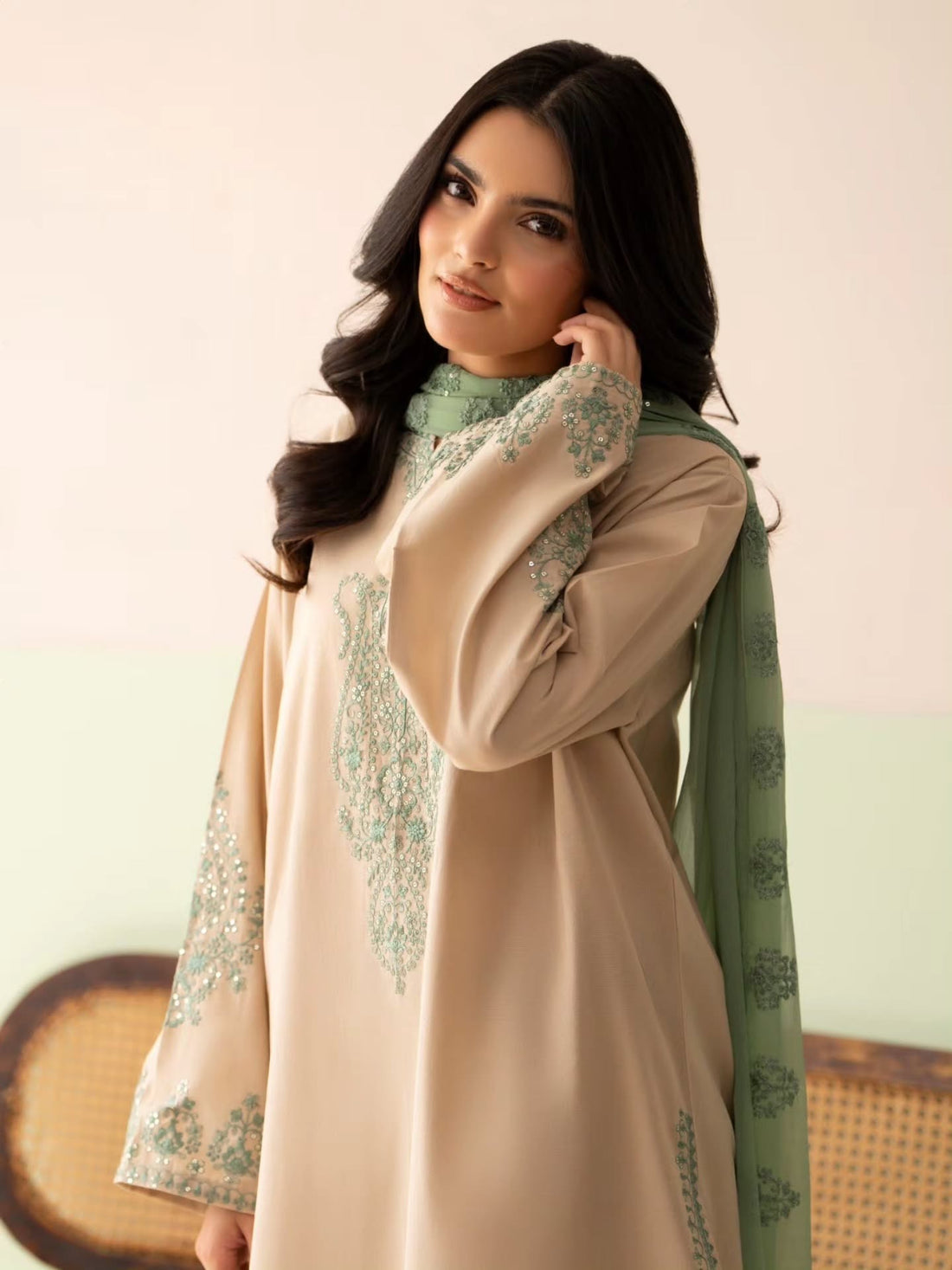 Beige Roman Silk Kurta Palazzo Set