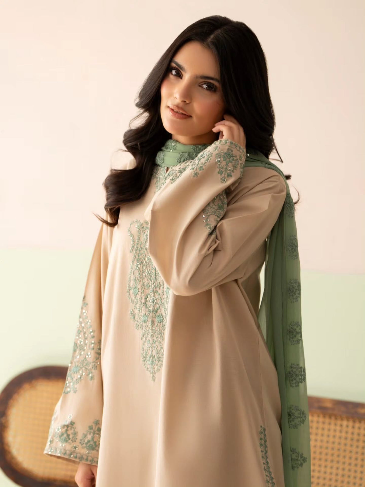 Beige Roman Silk Kurta Palazzo Set