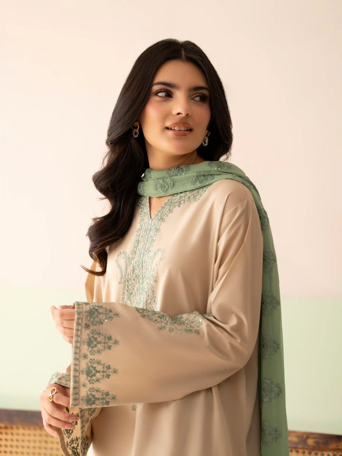 Beige Roman Silk Kurta Palazzo Set, view 2