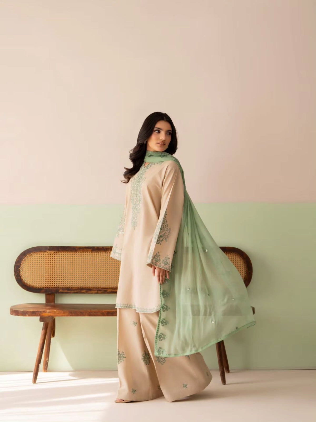 Beige Roman Silk Kurta Palazzo Set, view 3