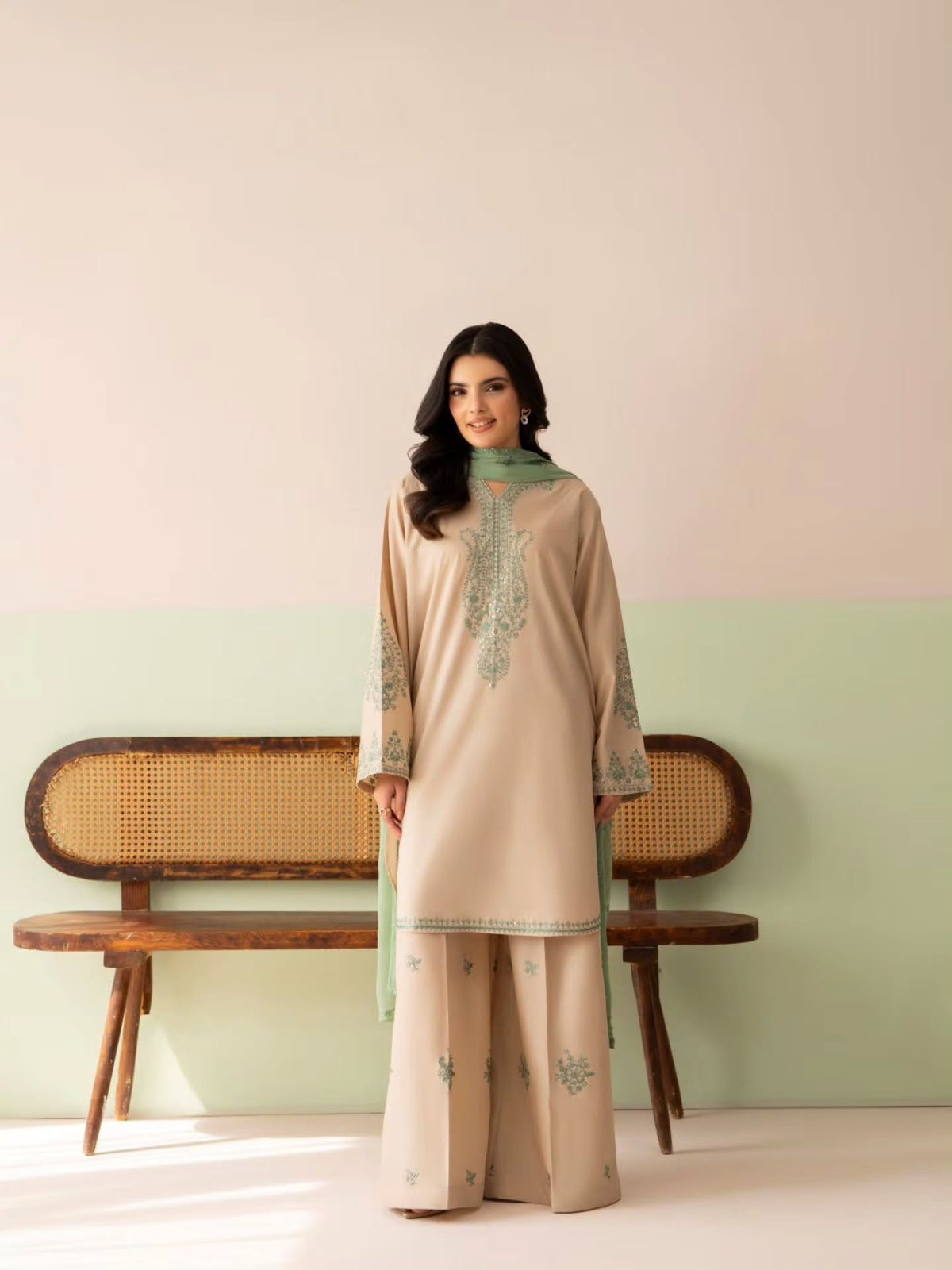 Beige Roman Silk Kurta Palazzo Set, view 4