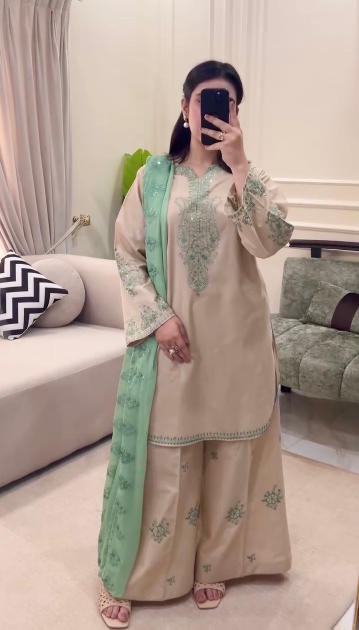 Beige Roman Silk Kurta Palazzo Set, view 5