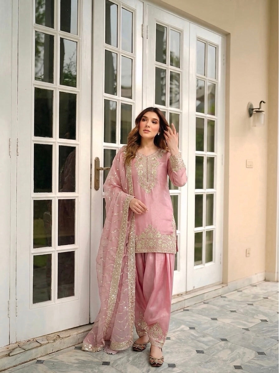 Onion Pink Moss Silk Farshi Palazzo Set