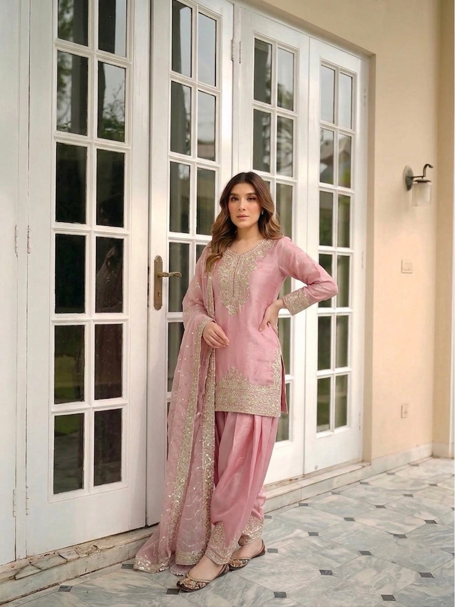 Onion Pink Moss Silk Farshi Palazzo Set