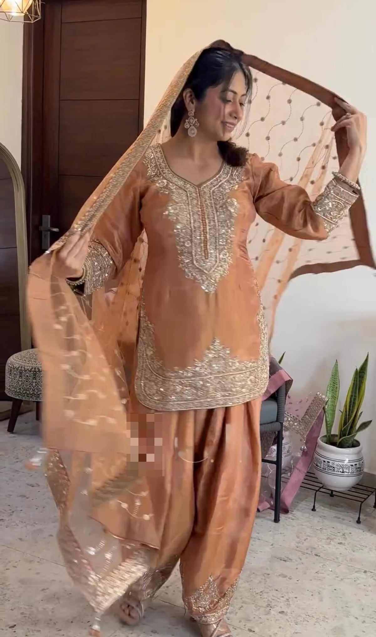 Peach Moss Silk Farshi Palazzo Set, view 3