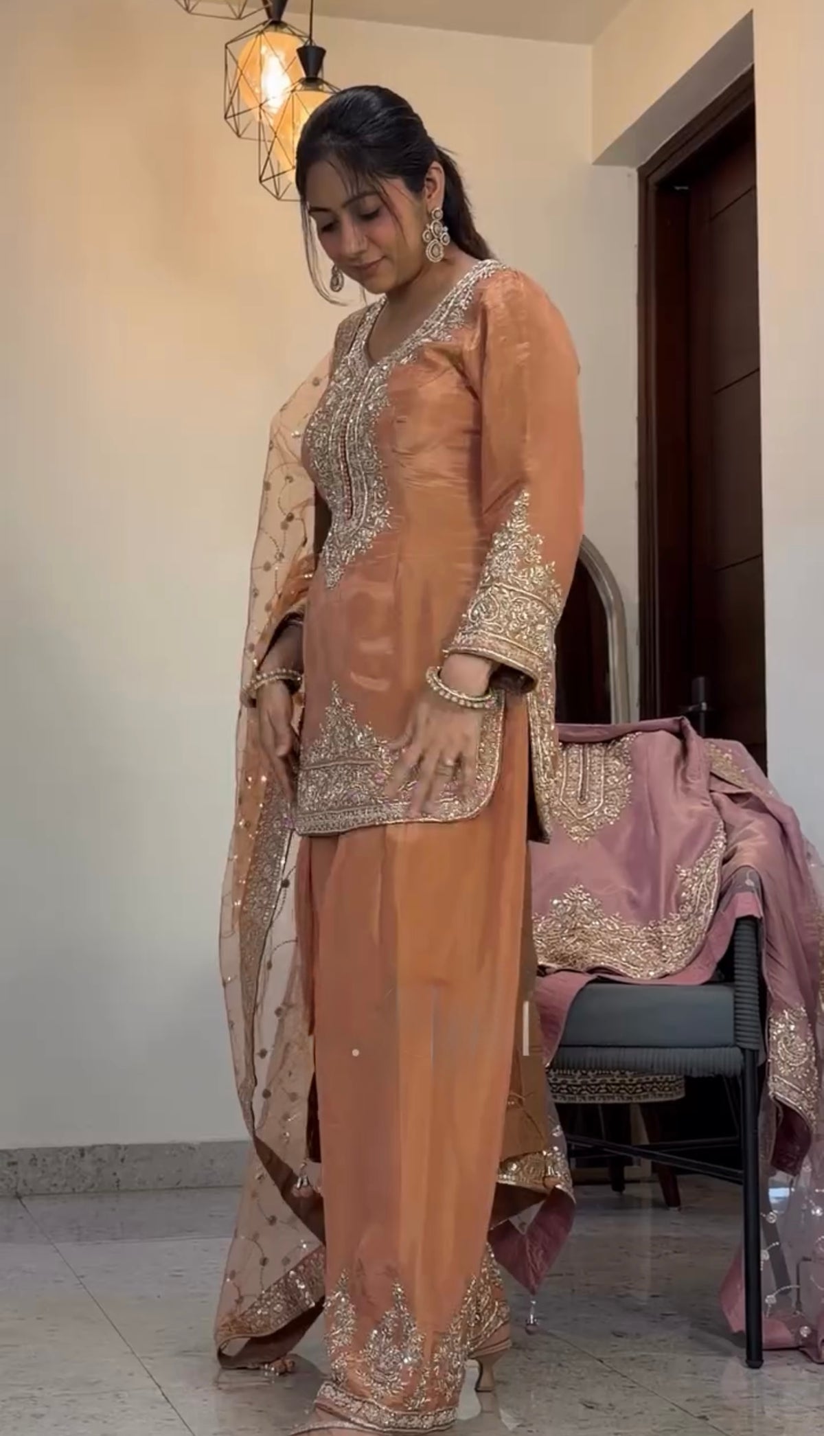 Peach Moss Silk Farshi Palazzo Set, view 4