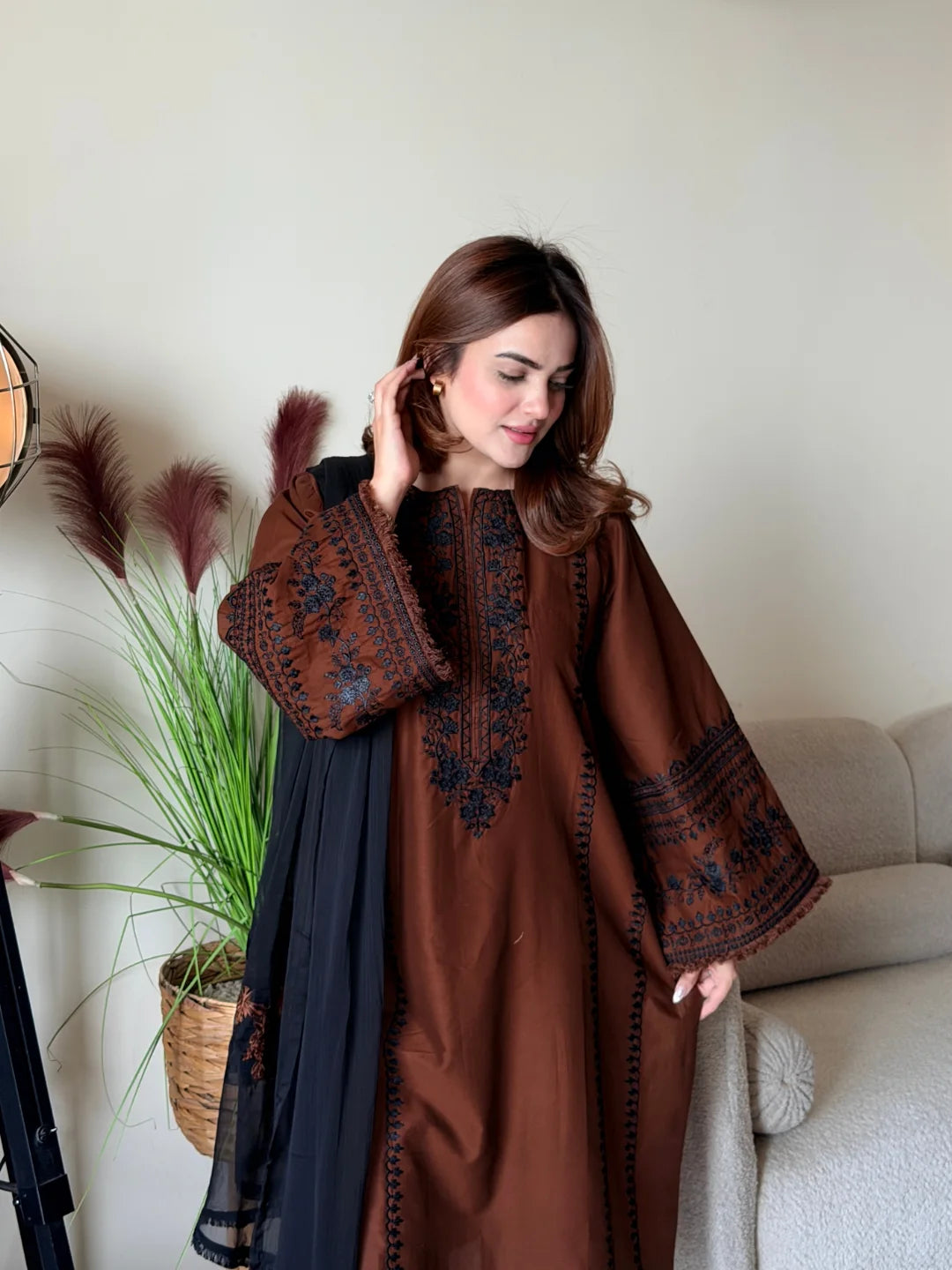 Brown Roman Silk Kurta Pant Set