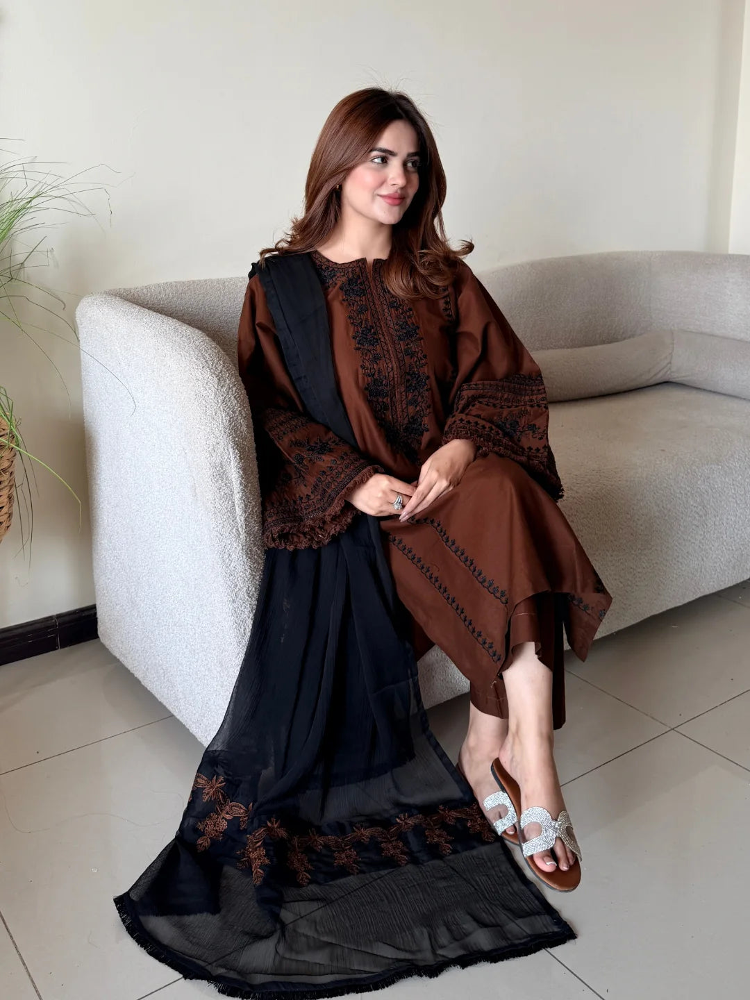 Brown Roman Silk Kurta Pant Set, view 3