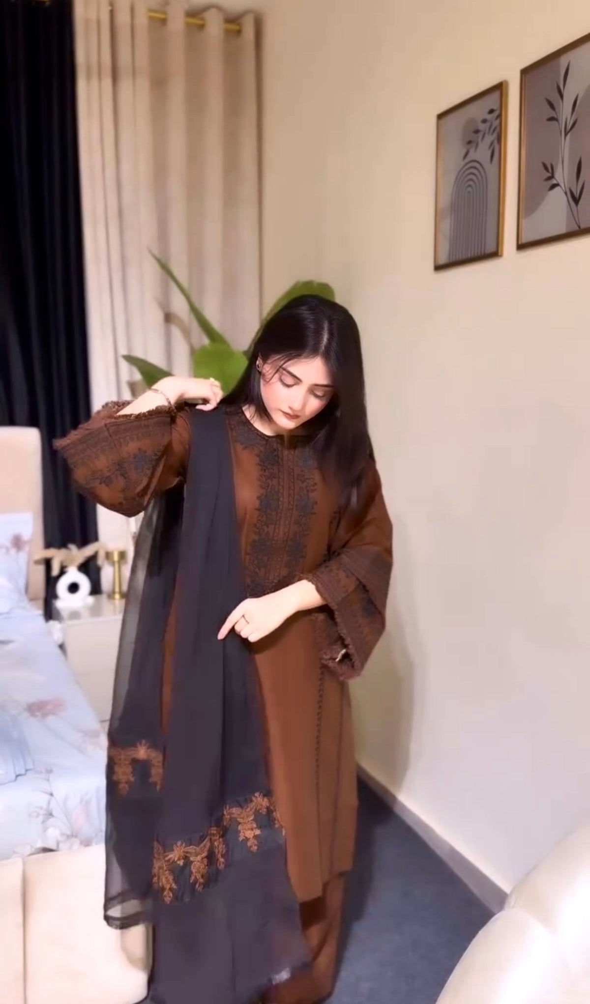 Brown Roman Silk Kurta Pant Set, view 7