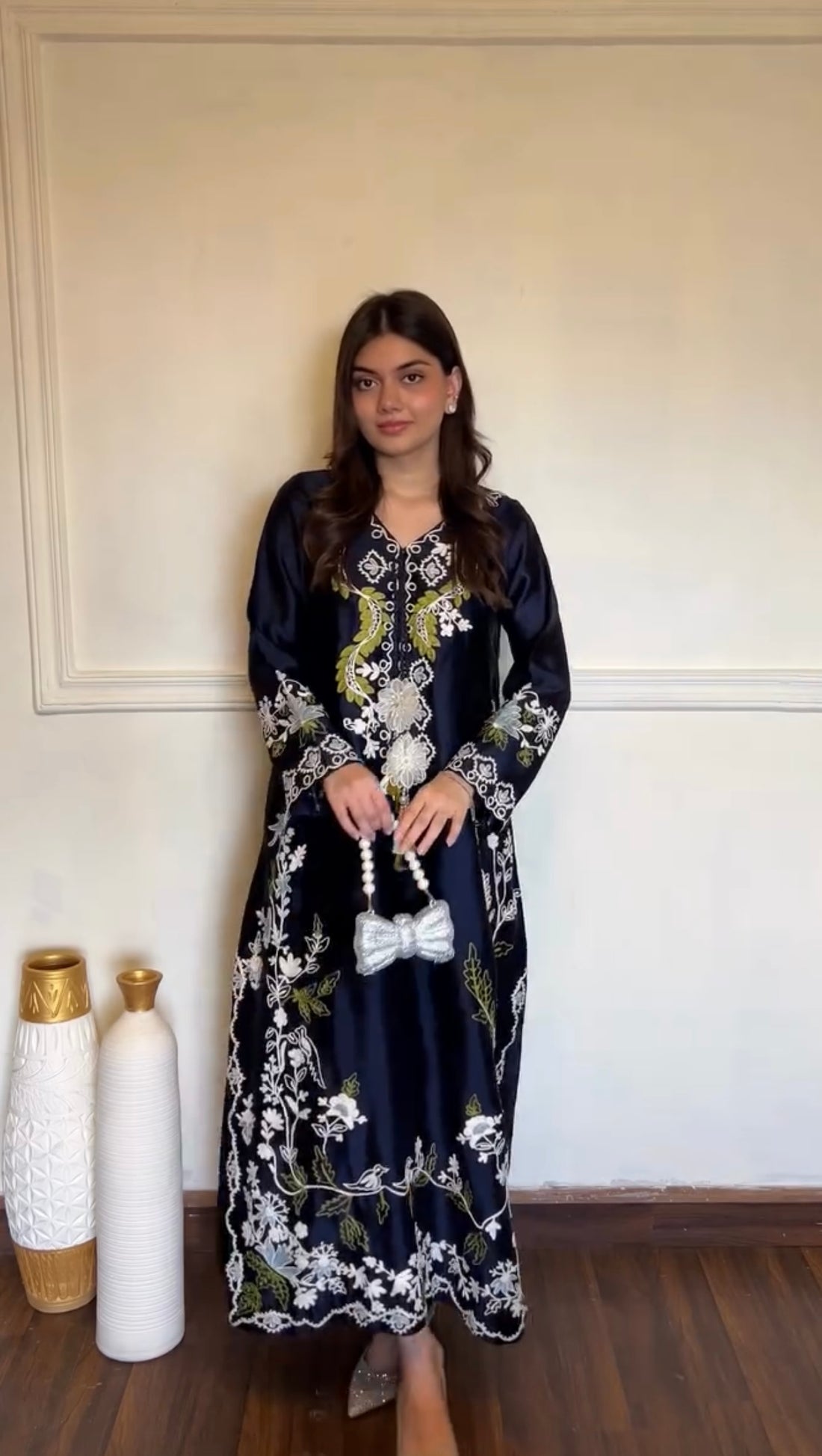 Navy Blue Satin Kaftan Set with Shaded Dupatta