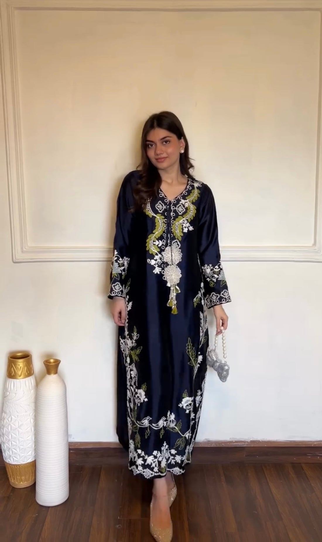 Navy Blue Satin Kaftan Set with Shaded Dupatta