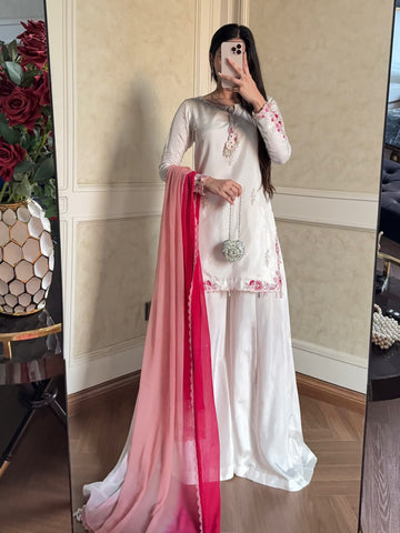 White Crepe Silk Kurta Palazzo Set