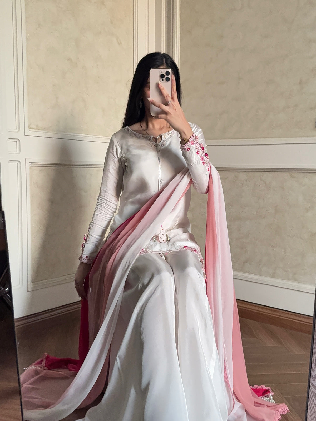 White Crepe Silk Kurta Palazzo Set, view 2