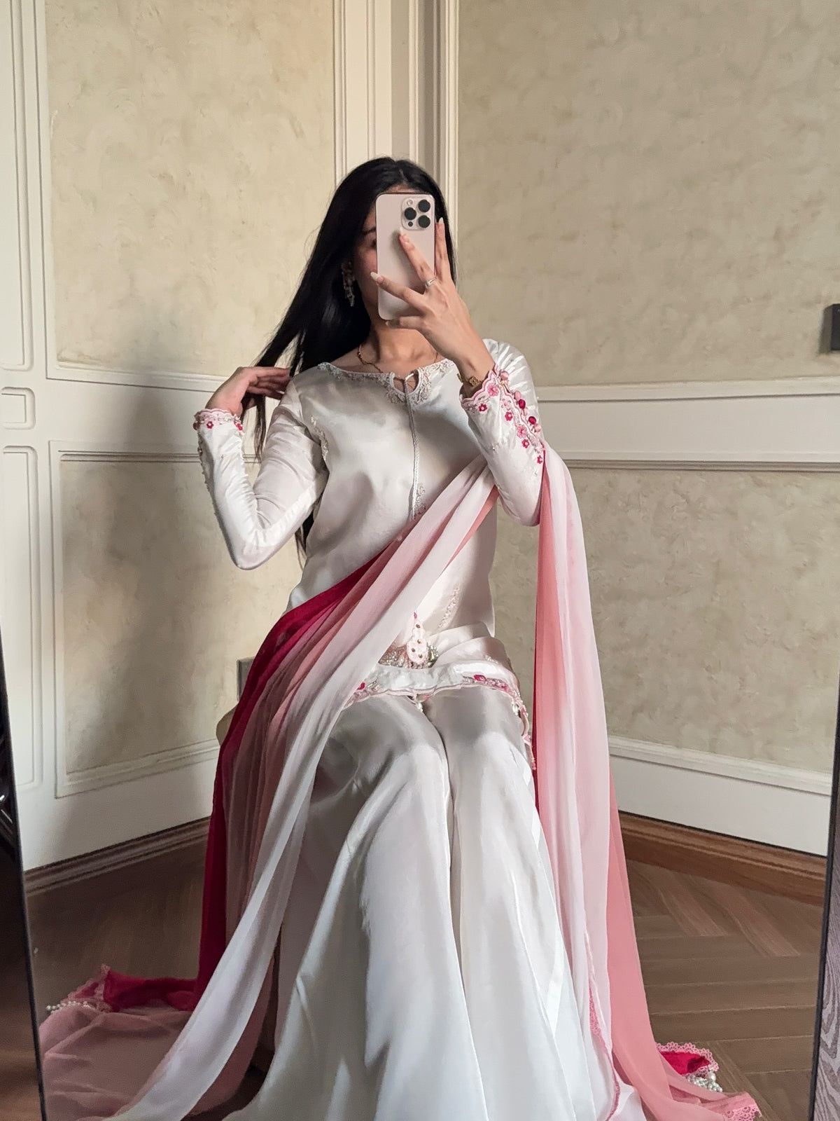 White Crepe Silk Kurta Palazzo Set, view 4