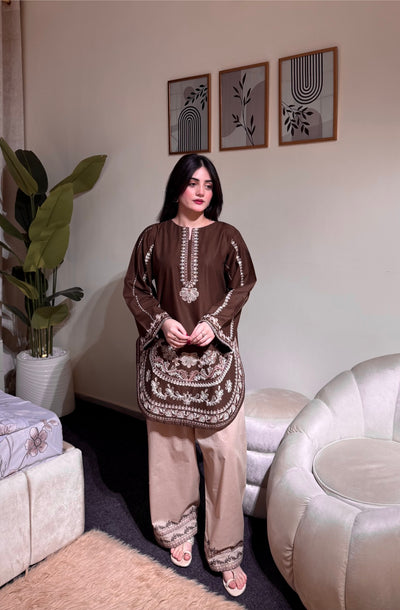 Chocolate Brown Roman Silk Kurti Palazzo Set