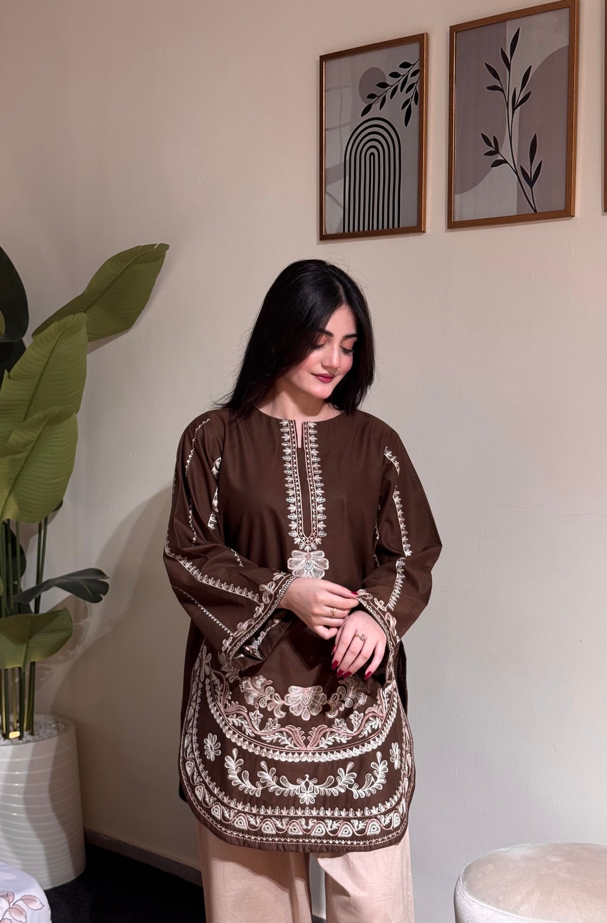 Chocolate Brown Roman Silk Kurti Palazzo Set, view 2