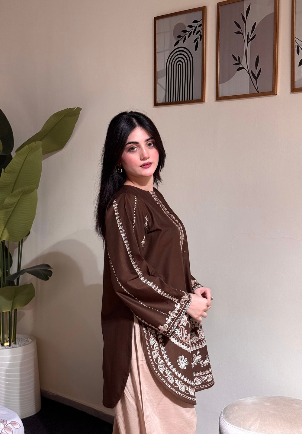 Chocolate Brown Roman Silk Kurti Palazzo Set, view 3