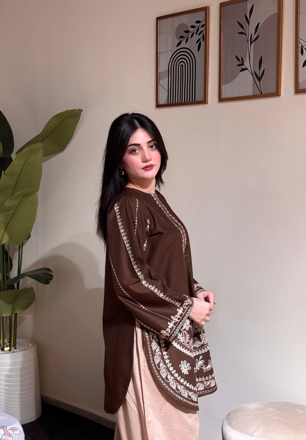 Chocolate Brown Roman Silk Kurti Palazzo Set, view 3