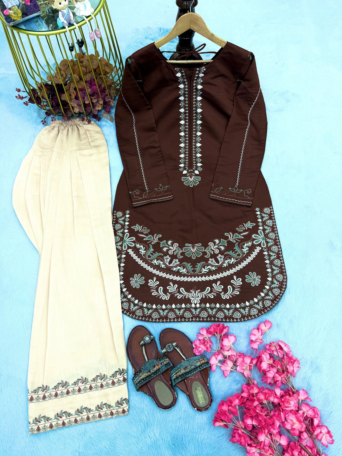 Chocolate Brown Roman Silk Kurti Palazzo Set, view 4