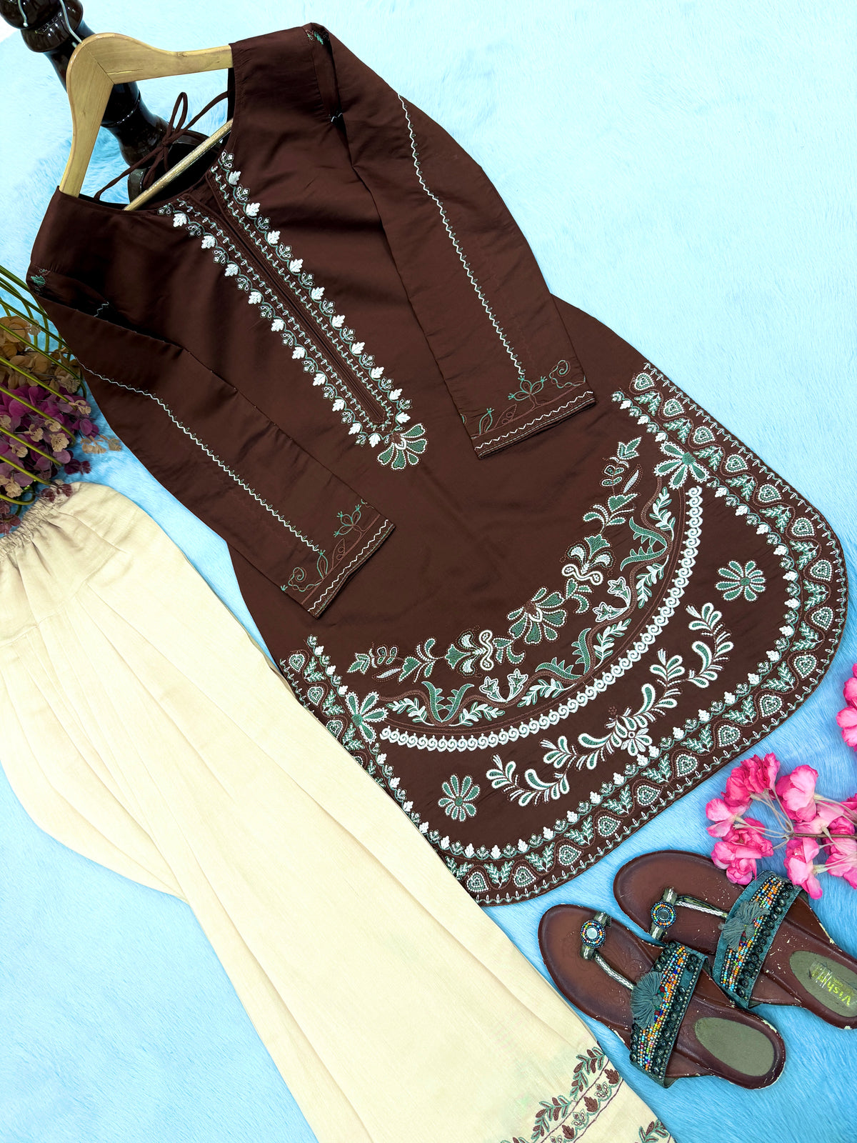 Chocolate Brown Roman Silk Kurti Palazzo Set, view 5