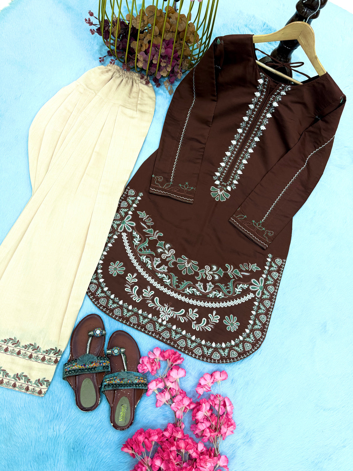 Chocolate Brown Roman Silk Kurti Palazzo Set, view 6