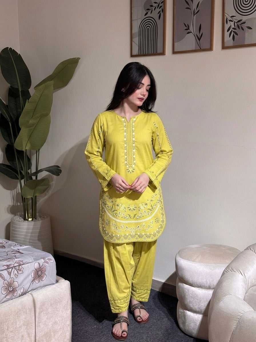 Lime Yellow Roman Silk Kurti Palazzo Set, view 2