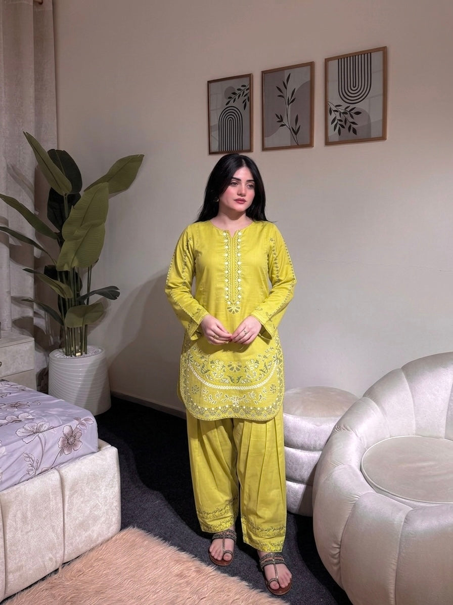 Lime Yellow Roman Silk Kurti Palazzo Set