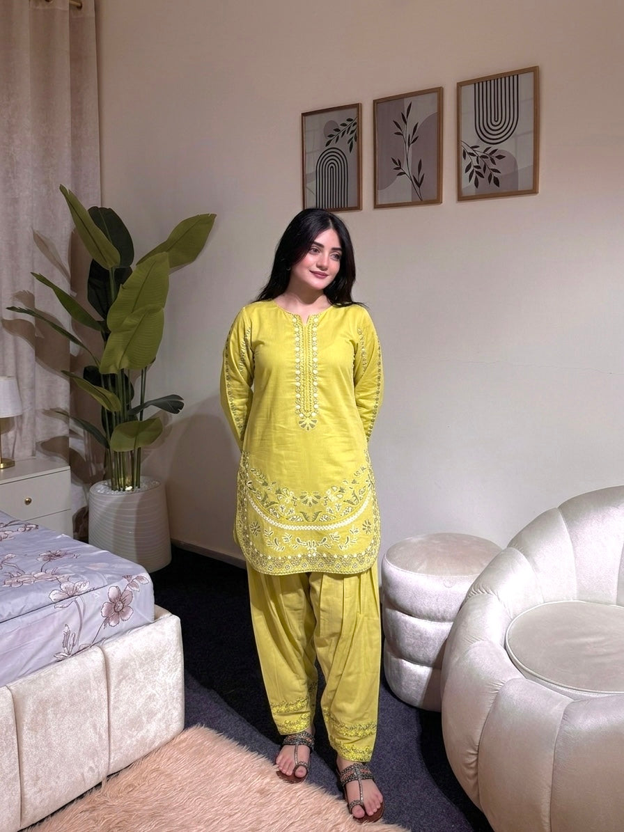 Lime Yellow Roman Silk Kurti Palazzo Set, view 3