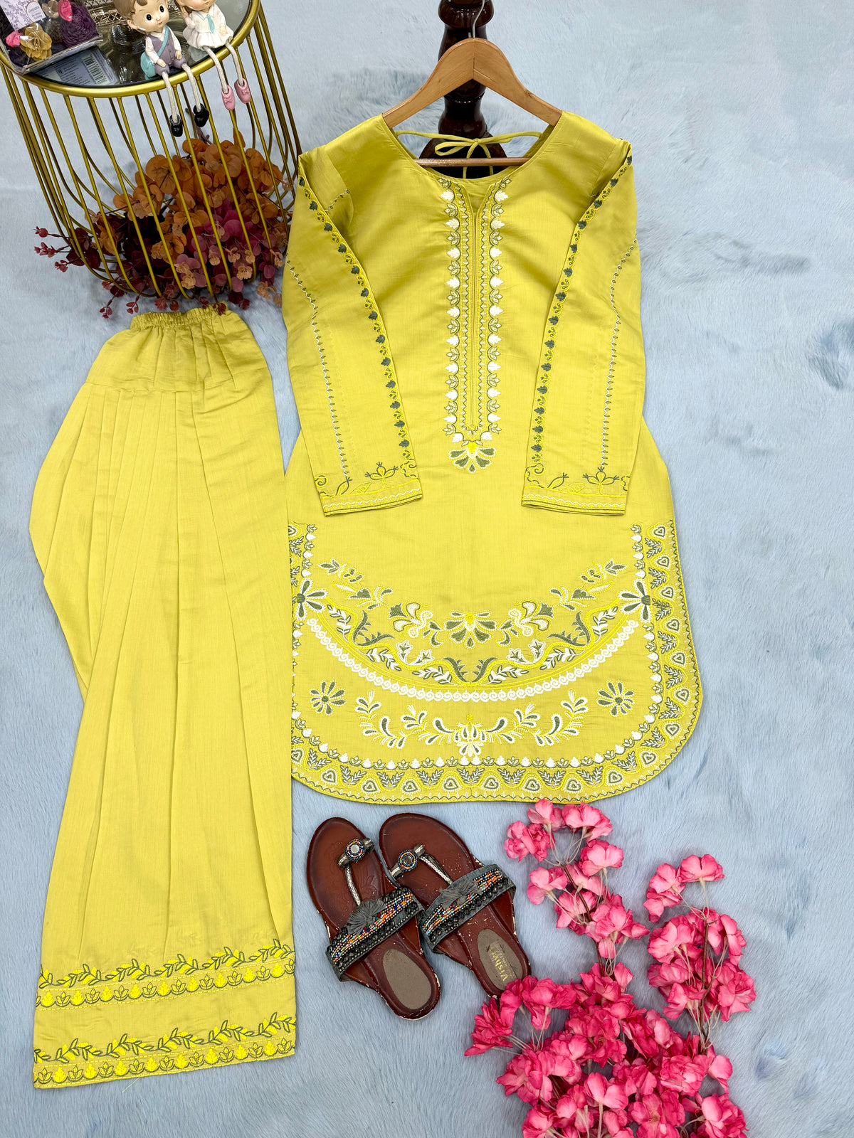 Lime Yellow Roman Silk Kurti Palazzo Set, view 4