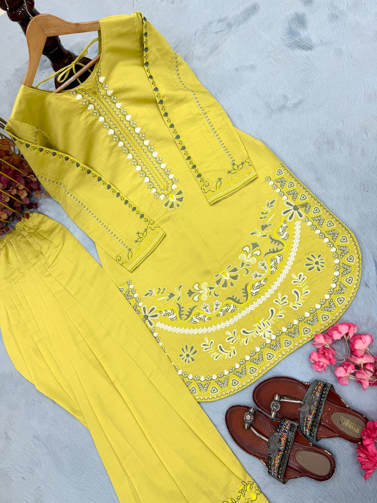 Lime Yellow Roman Silk Kurti Palazzo Set, view 5