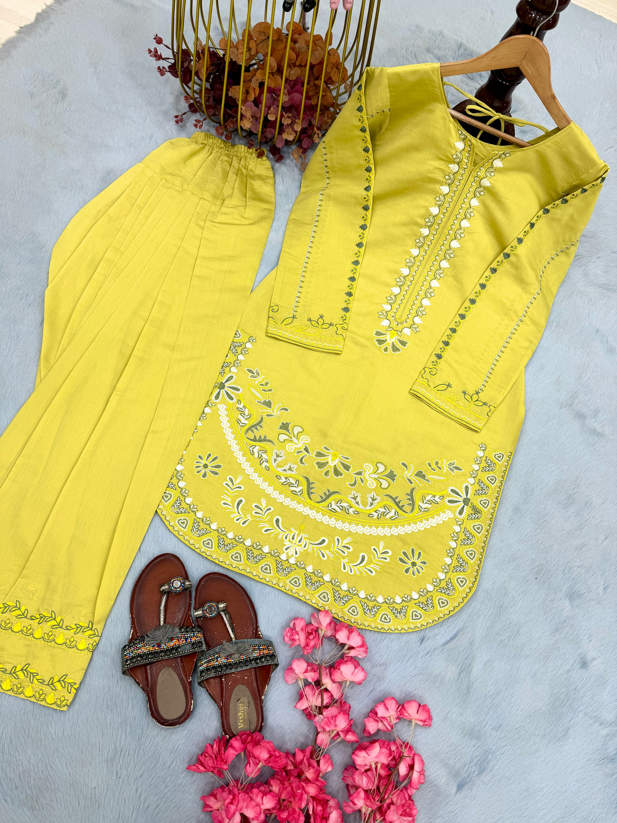 Lime Yellow Roman Silk Kurti Palazzo Set, view 6