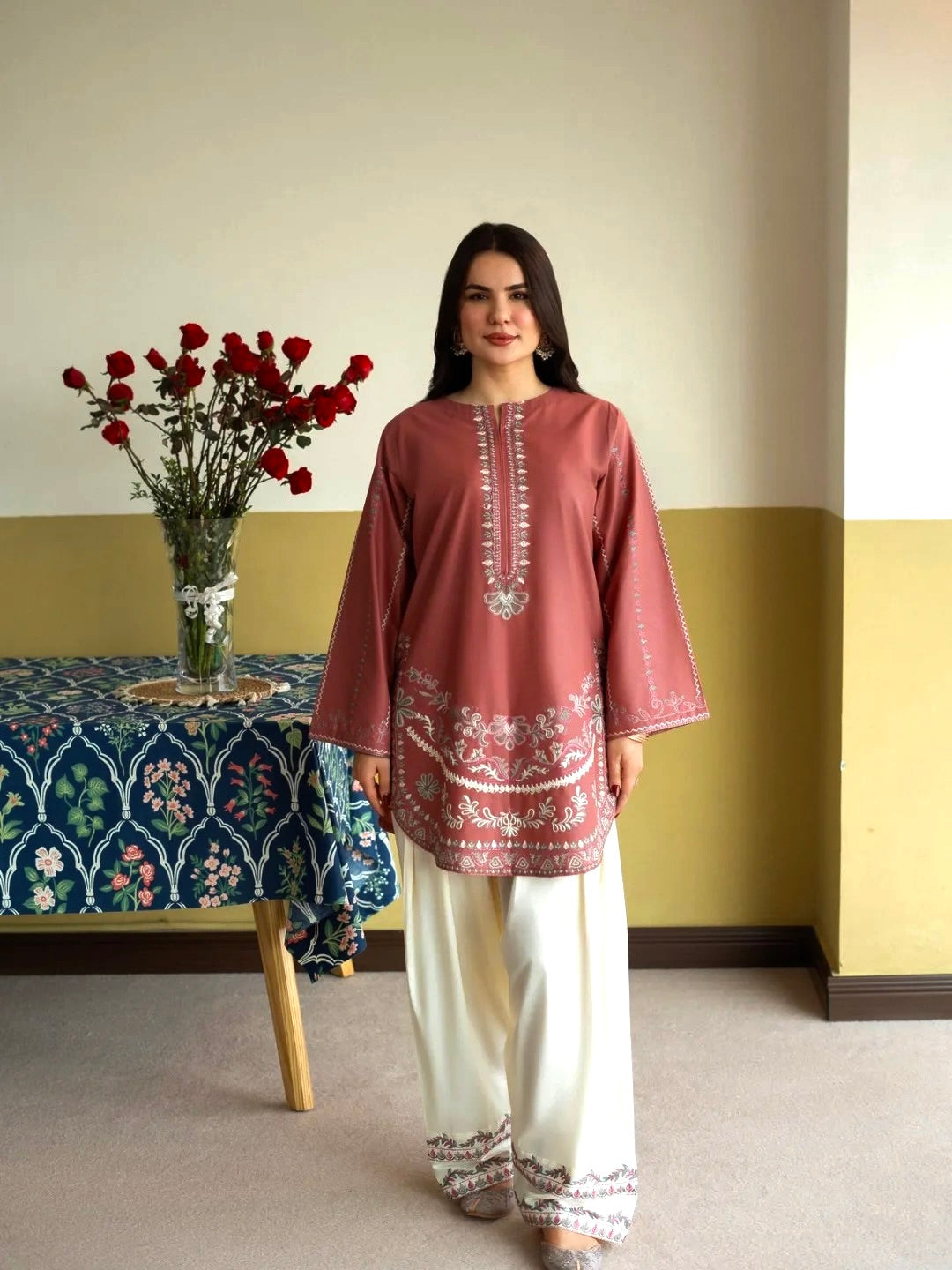 Rust Roman Silk Kurti Palazzo Set