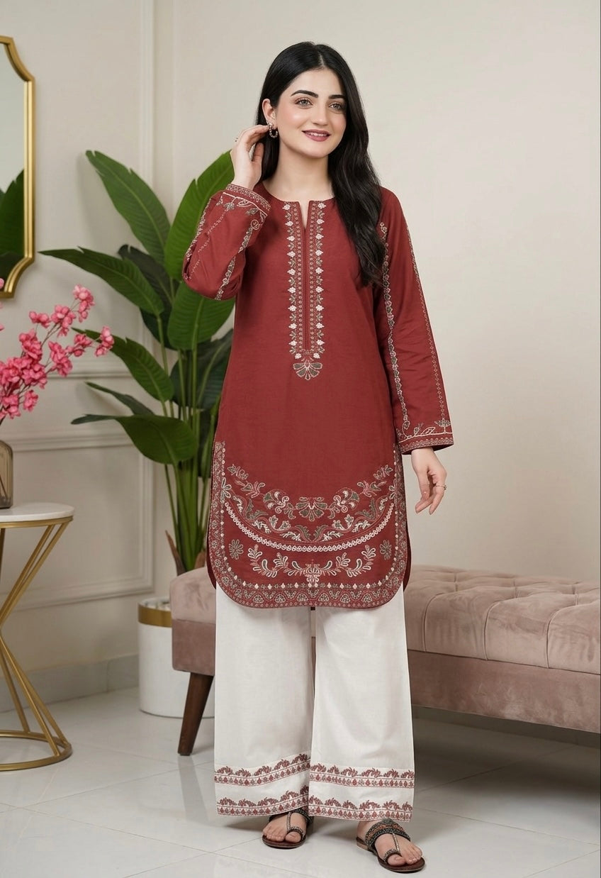 Rust Roman Silk Kurti Palazzo Set